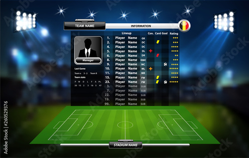 Football or soccer playing field with set of infographic elements. Sport Game. Sport Cup. Vector illustration