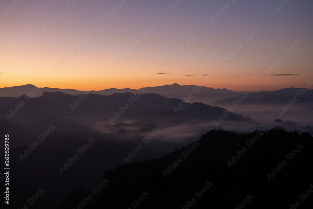 Mountain view and morning mist Mountain view and morning mist