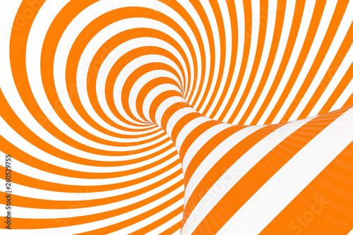 Torus 3D optical illusion raster illustration. Hypnotic white and orange tube image. Contrast twisting loops, stripes ornament.