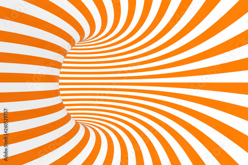 Torus 3D optical illusion raster illustration. Hypnotic white and orange tube image. Contrast twisting loops, stripes ornament.