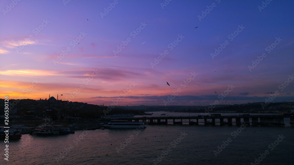 Wonderful sunset over the bridges of the Golden Horn in Istanbul