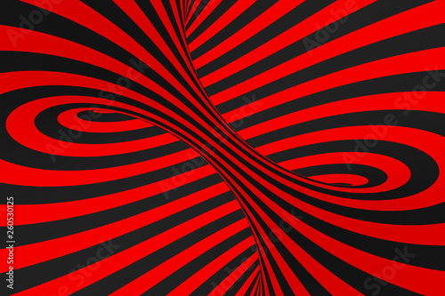 Torus 3D optical illusion raster illustration. Hypnotic black and red tube image. Contrast twisting loops, stripes ornament.