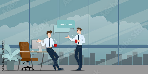 Two businessmen discussing each other. The employee talking with team about business ideas or about commercial organization during coffee time.