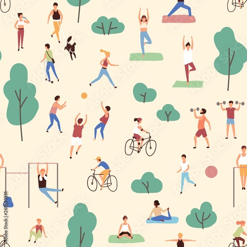 Seamless pattern with men and women performing physical or sports activities in park. Backdrop with outdoor fitness training. Flat cartoon vector illustration for wrapping paper, textile print.