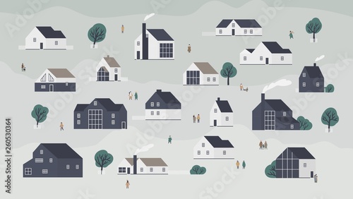 Banner with different houses in Scandic style or cottages of modern Scandinavian architecture and town dwellers. Background with village, suburb or neighborhood. Flat cartoon vector illustration.