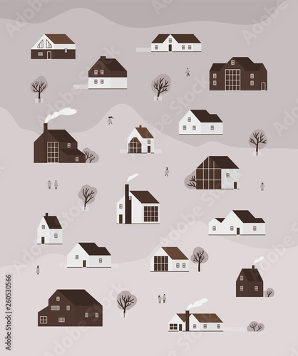 Vertical monochrome banner with living houses or cottages of modern Scandinavian architecture and walking people. Background with suburban residential buildings. Flat cartoon vector illustration.