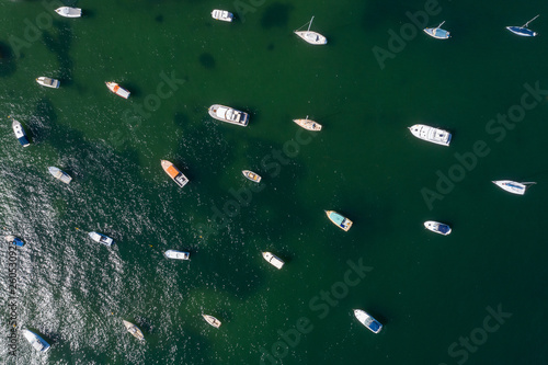 Overhead view of yachts and boats moored in Manly harbour, Sydney Australia