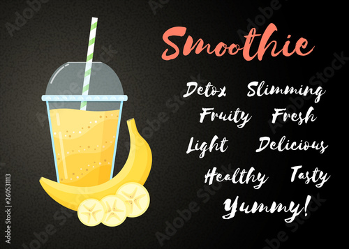 Yellow banana smoothie vitamin drink vector illustration. Tasty natural fruit, straw and glass with yellow layers of smoothies cocktail. Horizontal poster, sign Smoothie for healthy detox web banner