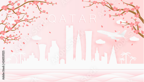 Panorama travel postcard, poster, tour advertising of world famous landmarks of Qatar, spring season with blooming flowers in tree