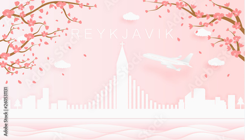 Panorama travel postcard, poster, tour advertising of world famous landmarks of Reykjavík, spring season with blooming flowers in tree