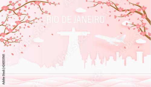 Panorama travel postcard, poster, tour advertising of world famous landmarks of Rio de Janeiro, spring season with blooming flowers in tree