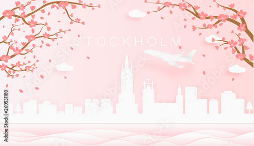 Panorama travel postcard, poster, tour advertising of world famous landmarks of Stockholm, spring season with blooming flowers in tree