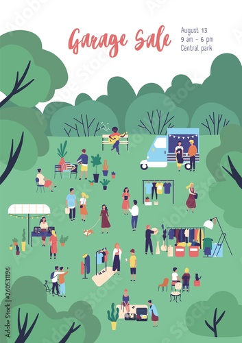 Flyer or poster template for garage sale, outdoor festival, summer fair with food trucks, people buying and selling clothes in park. Flat cartoon vector illustration for event announcement, promo.