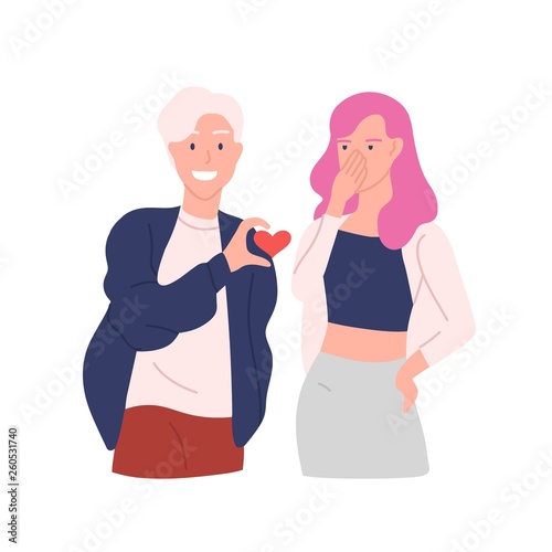 Annoying and intrusive admirer trying to present his heart to woman refusing to take it isolated on white background. Unrequited, one-sided love, rejected courtship. Flat cartoon vector illustration.