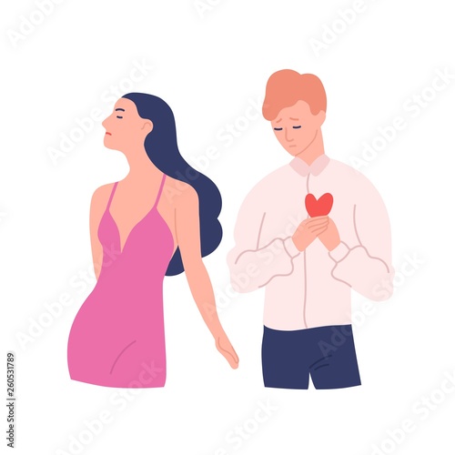 Sad man trying to present his heart to woman rejecting his gift. Unrequited, one-sided or rejected love. Male and female cartoon characters isolated on white background. Flat vector illustration.