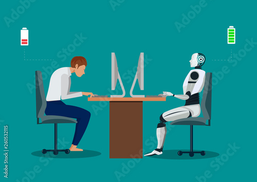 Robot vs man. Human humanoid robot work with laptops at desk.