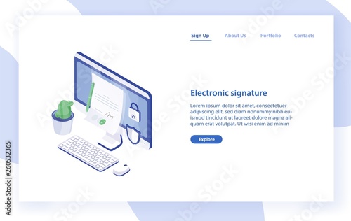 Landing page template with desktop computer, paper document with signature on...