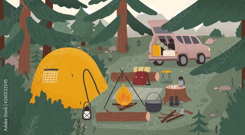 Forest touristic camp with tent, bonfire, firewood, campervan, equipment, tools for adventure tourism, travel, bushcraft, backpacking. Campsite surrounded by spruce trees. Flat vector illustration.