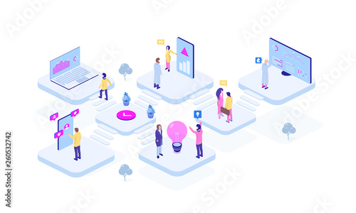 3d banner with office. Creative web page design template. Corporate technology modern design. Modern office interior. Vector graphic illustration. Office in modern style on white background.