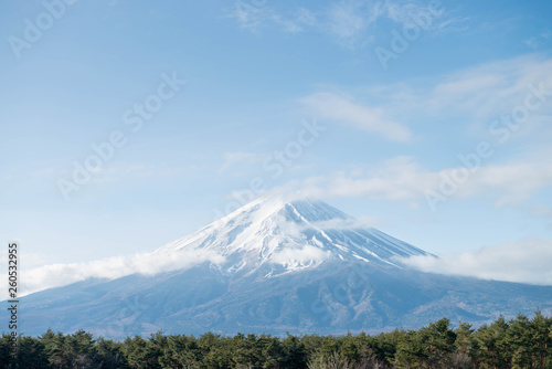Close up top of beautiful Fuji mountain in morning with snow cover on the top with could, Japan