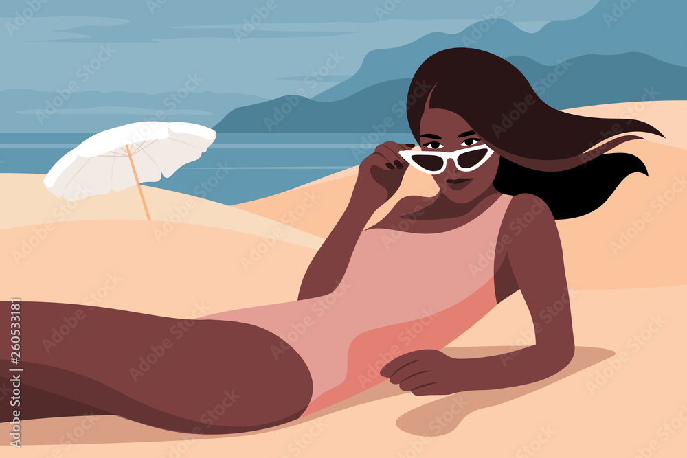 Illustration of African woman lying on beach