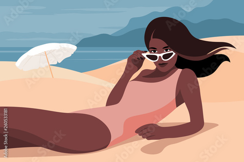 Illustration of African woman lying on beach