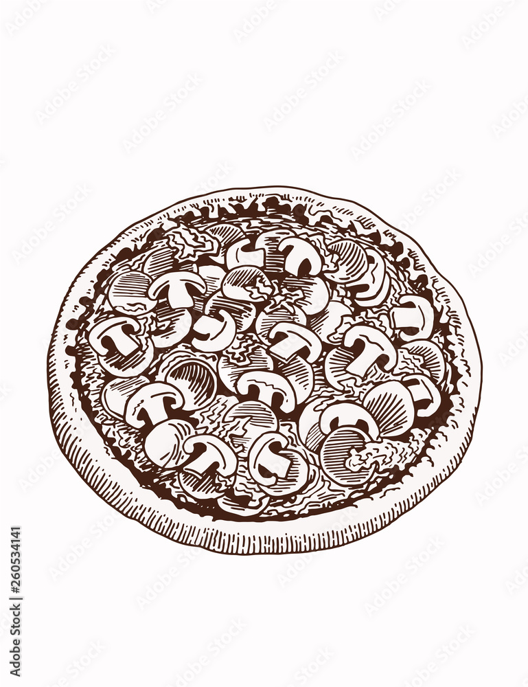Graphical vintage mushrooms' pizza, vector illustration,snack