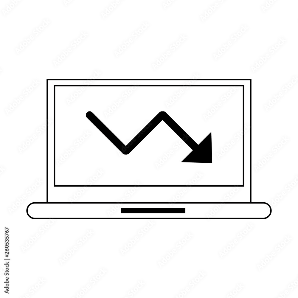 Laptop with decrease statistics arrow symbol in black and white Laptop with decrease statistics arrow symbol in black and white
