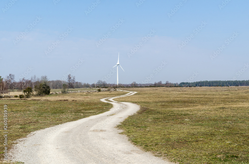 Winding country road leading to a windmill