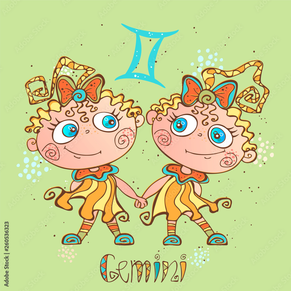 Fototapeta premium Children's horoscope icon. Zodiac for kids. Gemini sign . Vector. Astrological symbol as cartoon character