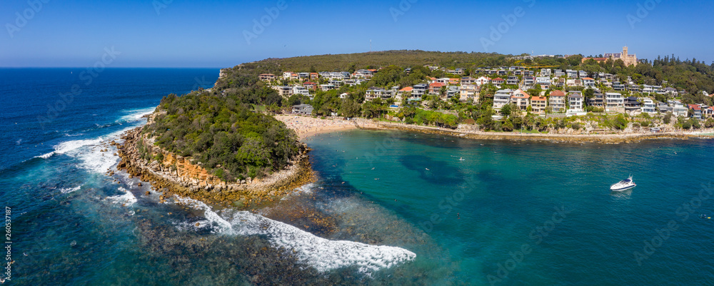 Panoramic aerial view of Shelly beach in Manly, Sydney, Australia