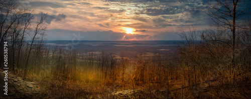Panoramic sunrise on Sunrise Mountain at Stokes State Forest  New Jersey  in early spring