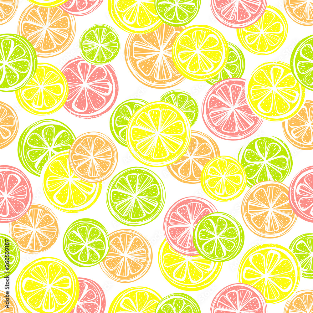 Seamless pattern with citruses: grapefruit,lemon,lime,orange.Perfect for restaurant menu backdrop, healthy food concept, juice bar,cards and prints.Vector pattern with lemons and limes.