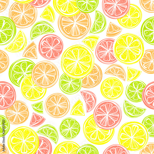 Seamless pattern with citruses: grapefruit,lemon,lime,orange.Perfect for restaurant menu backdrop, healthy food concept, juice bar,cards and prints.Vector pattern with lemons and limes.