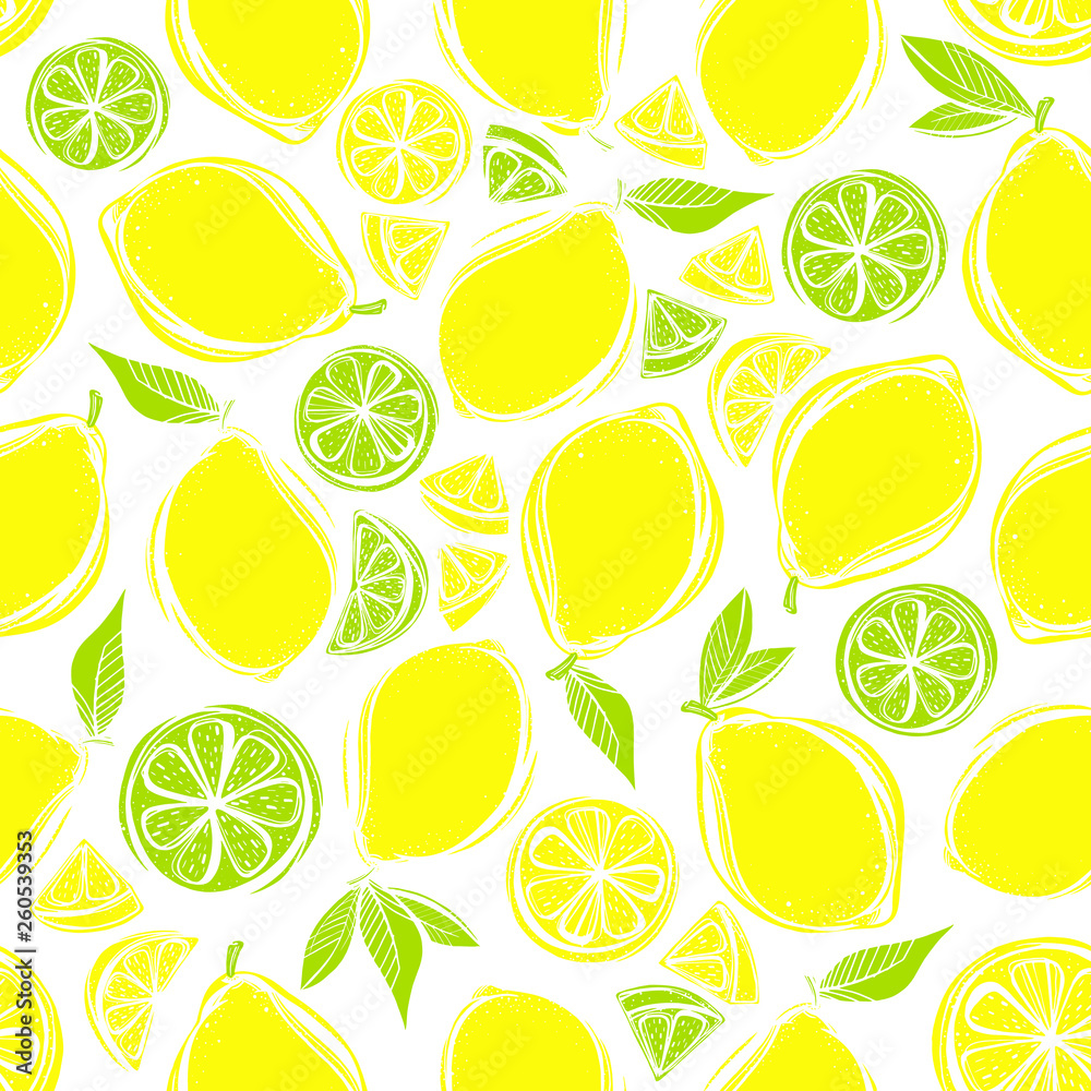 Seamless pattern of stylized hand drawn lemons and leaves.Perfect for restaurant menu backdrop, healthy food concept, juice bar,cards and prints.Vector illustration with lemons and limes.