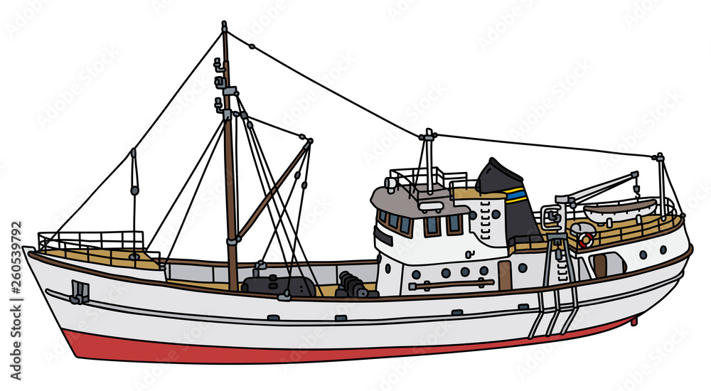 The vectorized hand drawing of a white motor boat