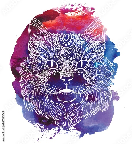 The head of a cat. Fluffy kitten. Drawing manually in vintage style. Meditative coloring. Coloring for children. 