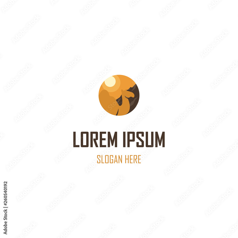Desert logo design template. Mountain hill with camel sunshine illustration, Desert, Dune Logo Design With Camel Symbol Desert logo design template. Mountain hill with camel sunshine illustration, Desert, Dune Logo Design With Camel Symbol