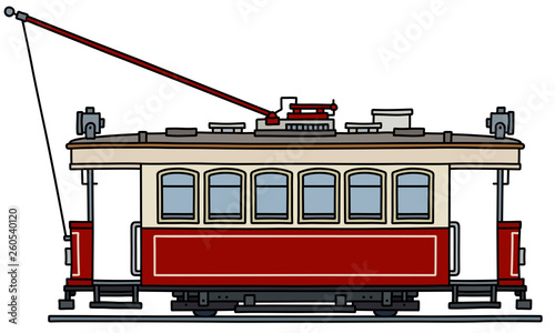 The vectorized hand drawing of a classic dark red and white tramway