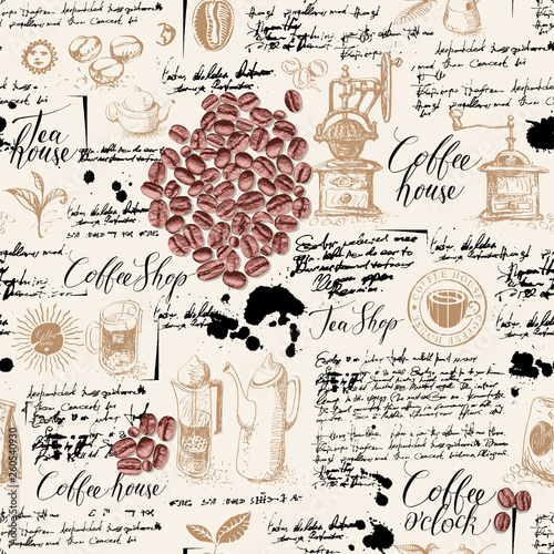 Vector seamless pattern on tea and coffee theme in retro style. Various coffee and tea sketches, blots and inscriptions on a background of old manuscript. Can be used as wallpaper or wrapping paper
