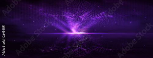 abstract lines in the style of waves, particles of digital waves and light. futuristic wave out of the lines and the glowing circle in the center in a realistic style. abstract futuristic technology b