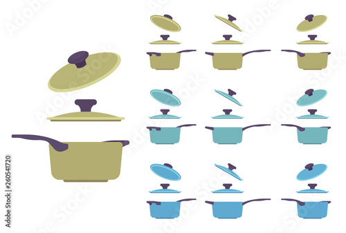 Saucepan set, kitchen appliance. Deep cooking pan with long handle and lid for home and restaurant cooking. Vector flat style cartoon illustration isolated on white background, different views, colors