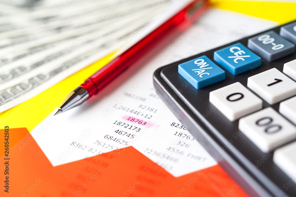 Business and financial background with dollars, data, pen and calculator. Bookkeeping background. Business and financial background with dollars, data, pen and calculator. Bookkeeping background.