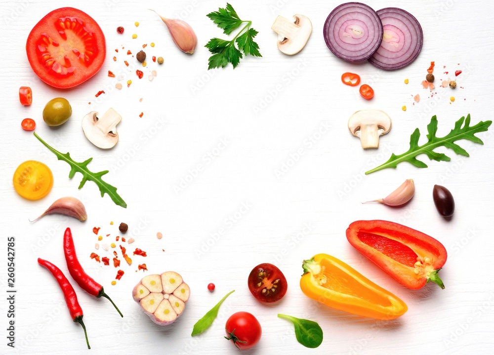 Organic fresh vegetables and spices frame on wooden white background. Copyspace, top view.  - obrazy, fototapety, plakaty 