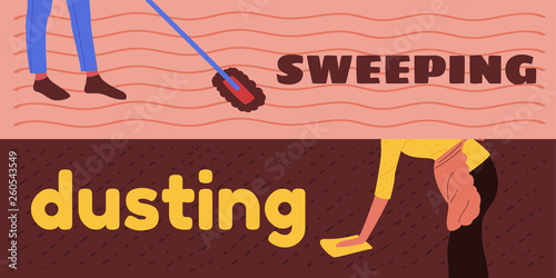 The girl in the apron was sweeping