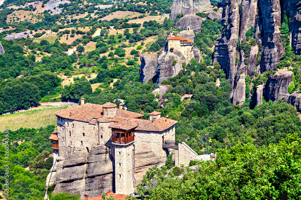 Picturesque view of rock formation Meteora and Thessaly valley in central Greece.