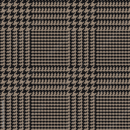  Black Brown Glen Plaid Seamless Vector Pattern with 5x5 Houndstooth Check. Trendy High Fashion Print.  Prince of Wales Check. Traditional Scottish Fabric. Pixel Perfect Repeating Tile Swatch Included