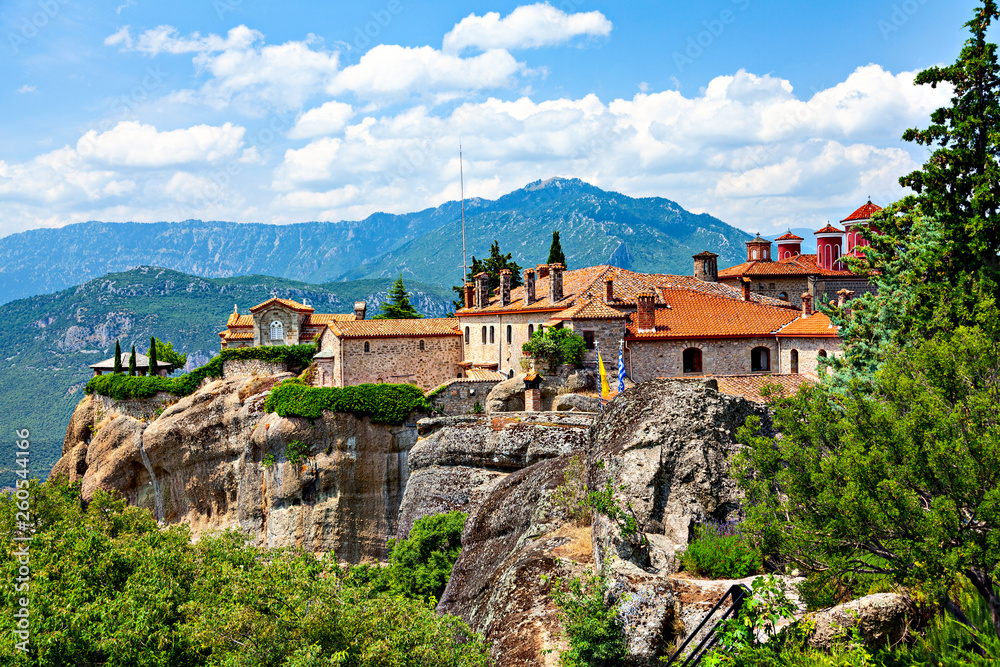 Picturesque view of rock formation Meteora with the monastery on top.