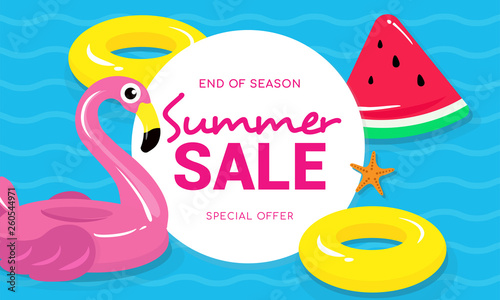 Summer sale banner vector illustration, Flamingo pool float, watermelon pool toy and yellow rubber ring floating on water.