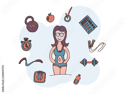 A girl engaged in fitness and sports makes plans for the future, plans a diet. Vector illustration